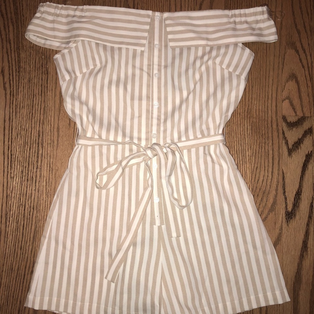 Tan and white off the shoulder Privy romper